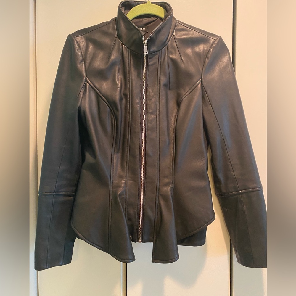 Black Bebe soft leather jacket w peplum